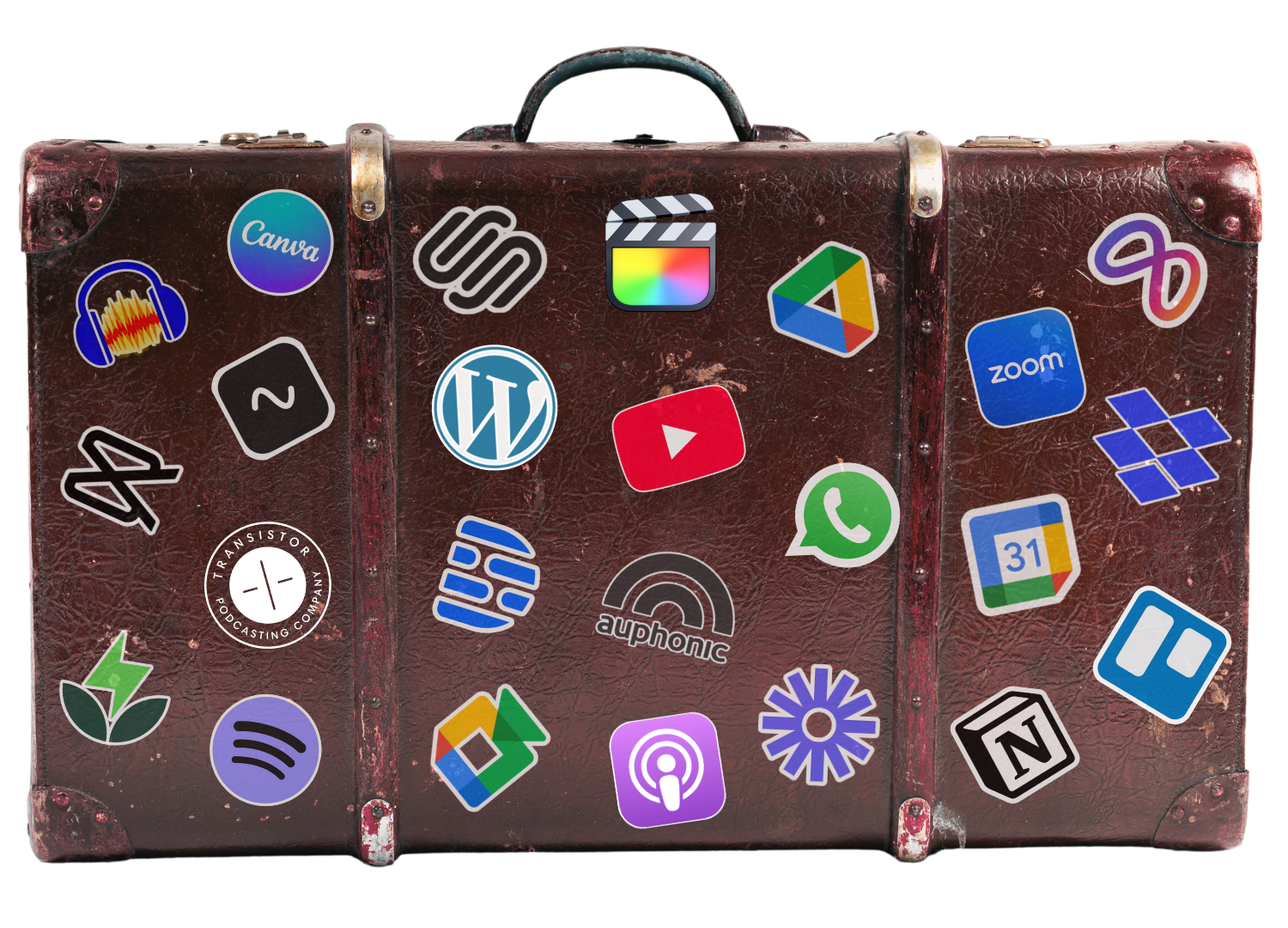 Suitcase covered in stickers of tools Anita manages